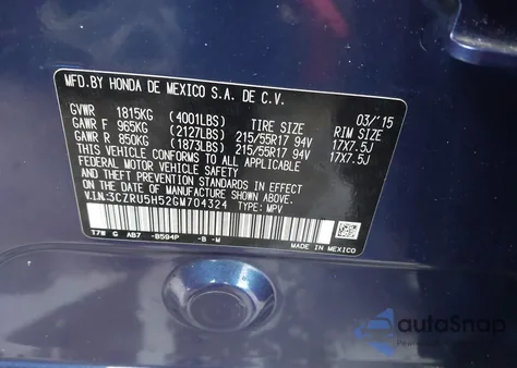 2016 Honda Hr-V Ex from USA, damaged, VIN 3CZRU5H52GM704324